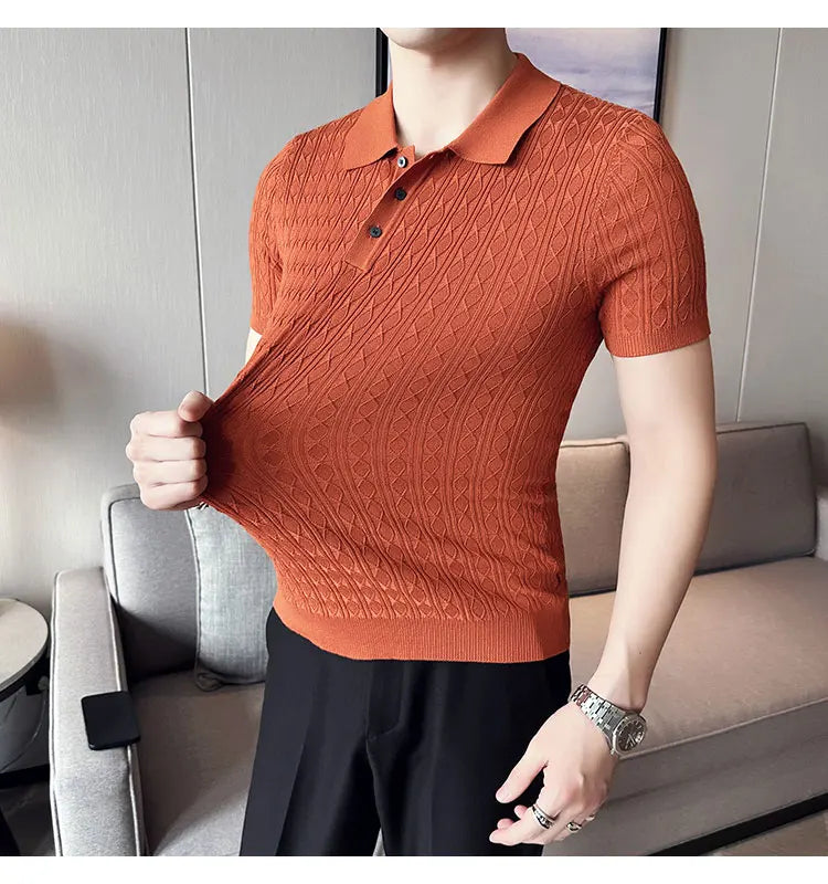 Polo de manga corta de punto Jacquard para hombre, camiseta de Golf con solapa de moda, ajustada, nueva