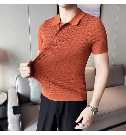 Polo de manga corta de punto Jacquard para hombre, camiseta de Golf con solapa de moda, ajustada, nueva