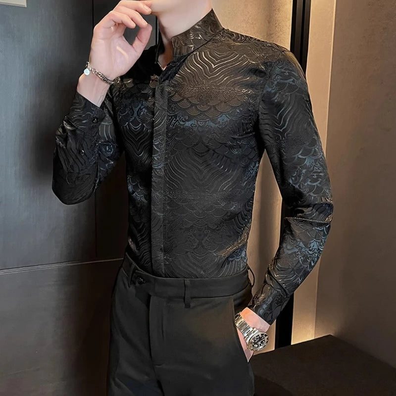 Camisas estampadas de manga larga con cuello levantado para primavera y otoño, camisa informal de moda para hombre de estilo chino Formal Social de negocios