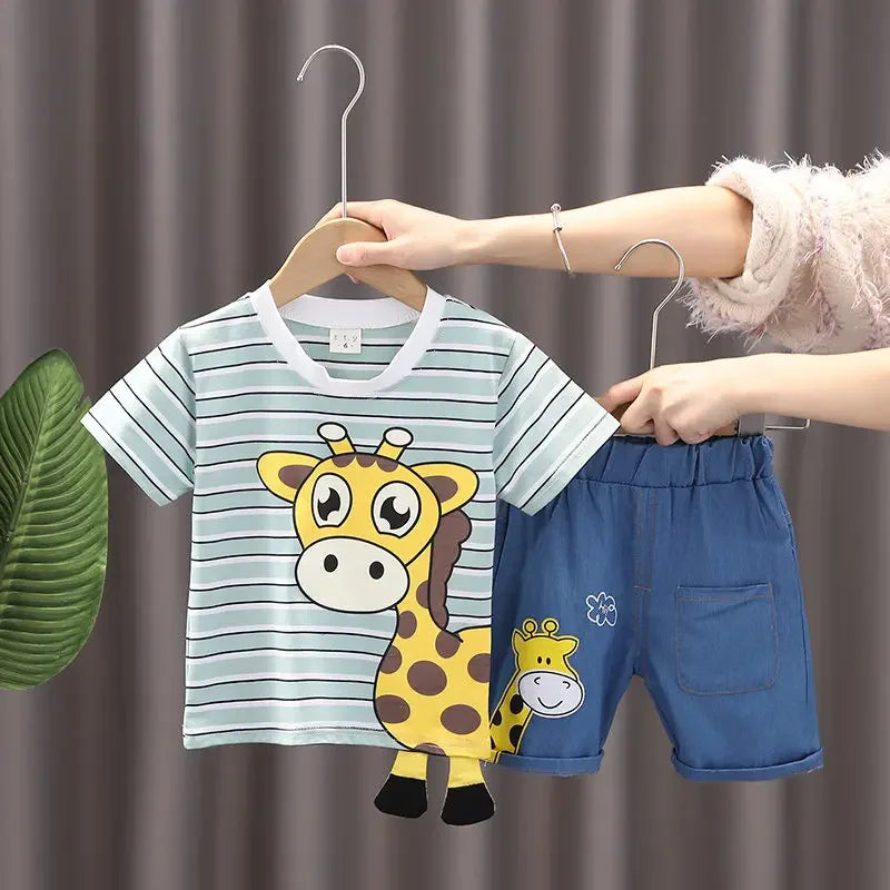 Ropa de verano para niños, camiseta de dibujos animados, pantalones cortos, 2 unids/set, trajes deportivos de ocio para niños pequeños, chándales de algodón para bebés de 0 a 5 años