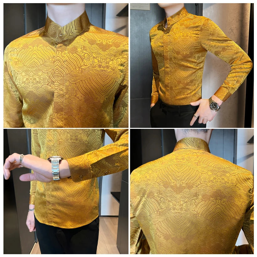 Camisas estampadas de manga larga con cuello levantado para primavera y otoño, camisa informal de moda para hombre de estilo chino Formal Social de negocios
