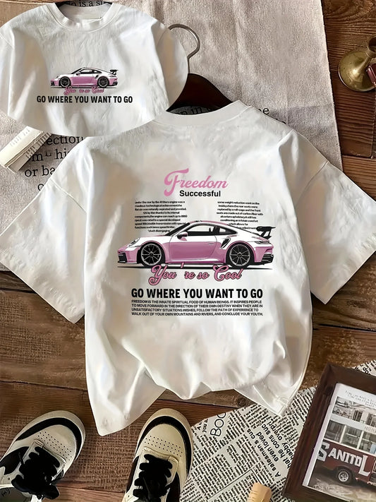 Camiseta de manga corta con estampado de coche deportivo rosa, informal y moderna, adecuada para el uso diario en verano.