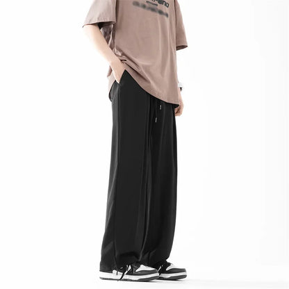 Pantalones bombachos holgados rectos lisos de verano para hombre, pantalones de chándal drapeados deportivos informales, pantalones de pierna ancha con cordón, novedad de 2025