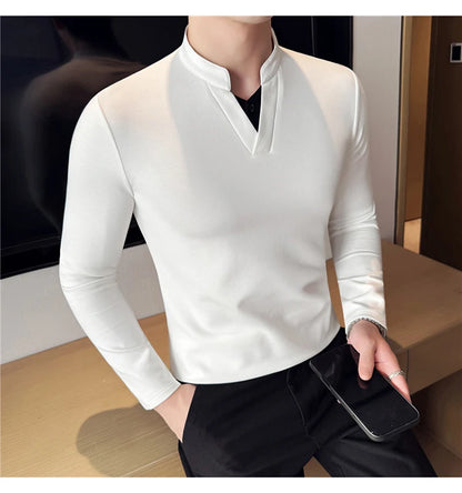 Camiseta elástica falsa de 2 piezas con empalme a la moda coreana, camiseta básica de manga larga con cuello en V ajustada para hombre, camisetas versátiles de Color sólido