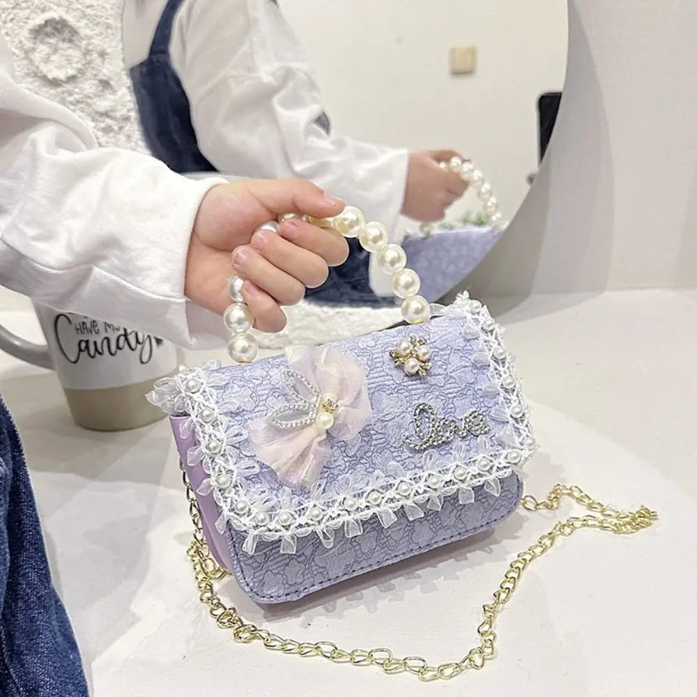 Bolso Bandolera Infantil de Encaje con Perlas, Ligero, Estilo Princesa, con Correa Ajustable