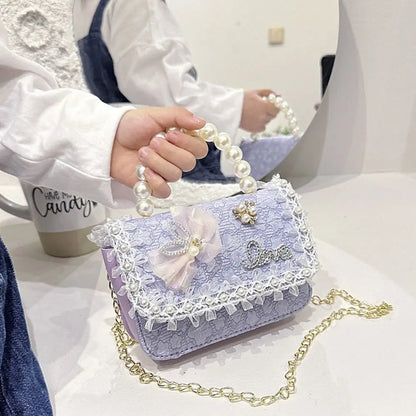 Bolso Bandolera Infantil de Encaje con Perlas, Ligero, Estilo Princesa, con Correa Ajustable