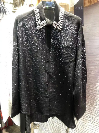 Camisas y Blusas de gran tamaño con perforación en caliente de diamante de punto exquisito de lujo para mujer 2024 Primavera Verano Tops de manga larga Blusas
