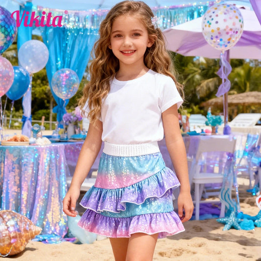 VIKITA niñas volantes escalonados brillante estampado de sirena gradiente Irregular moda elegante poliéster playa vacaciones Mini faldas trajes