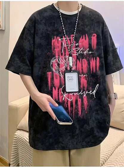 Camisetas de Verano 2026 para Hombre con Estampado Tie-Dye y Gráficos de Graffiti, Camisetas Oversize Juveniles con Estampado de Letras, Tops de Moda Urbana con Contraste de Color