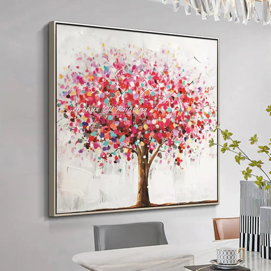 Arthyx, 100% pintura al óleo pintada a mano con textura gruesa y flor de árbol sobre lienzo, imagen artística de pared abstracta moderna para decoración del hogar y dormitorio