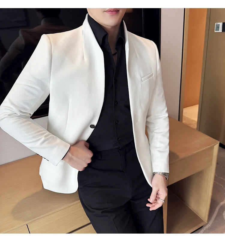 Chaqueta de traje con cuello levantado de alta calidad para hombre, chaquetas de negocios informales, abrigo coreano con gofres para boda, novio, banquete, vestido de fiesta, 2025