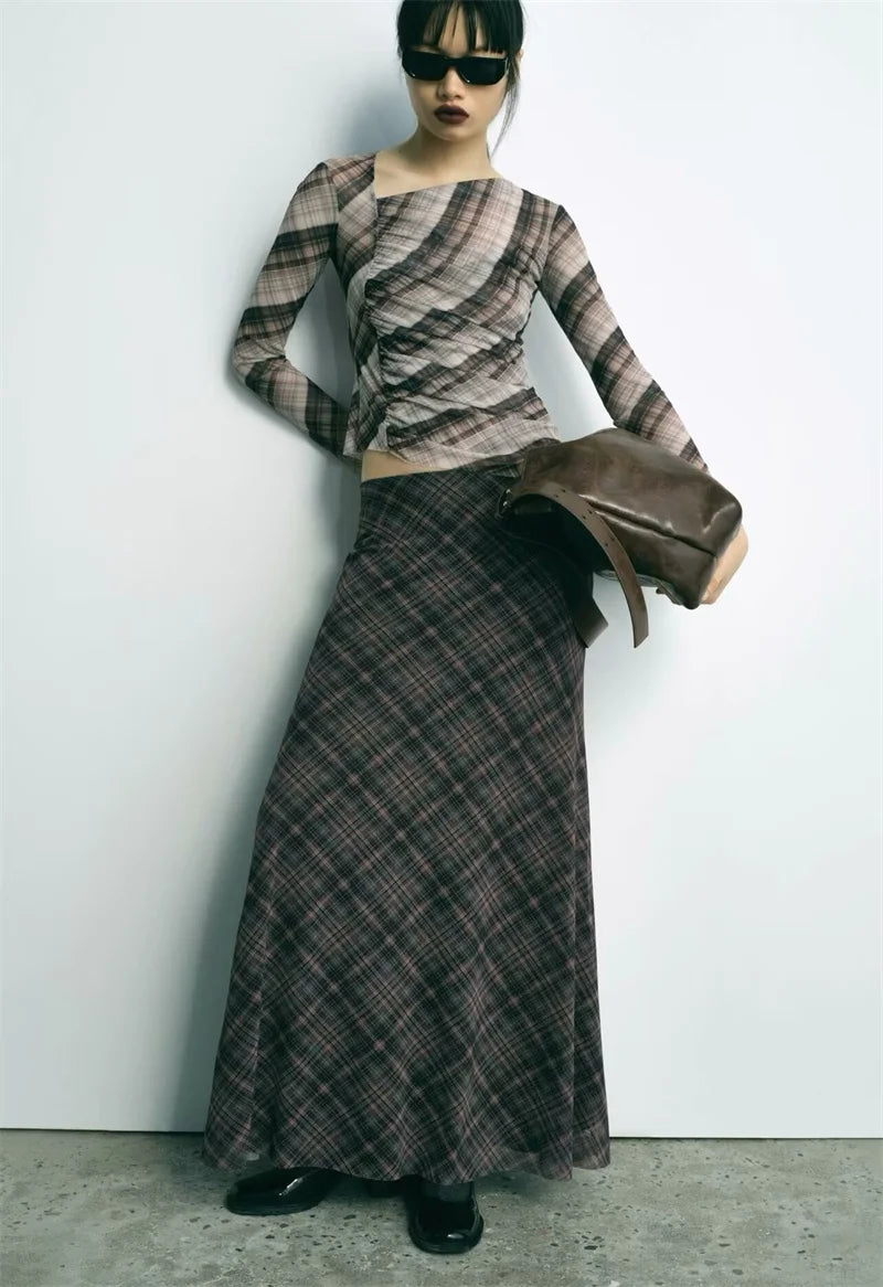 Falda Midi de Tul a Cuadros Estilo Británico BANA, Falda Ajustada de Cintura Alta para Mujer, Primavera Verano, Estilo OL, Fa...