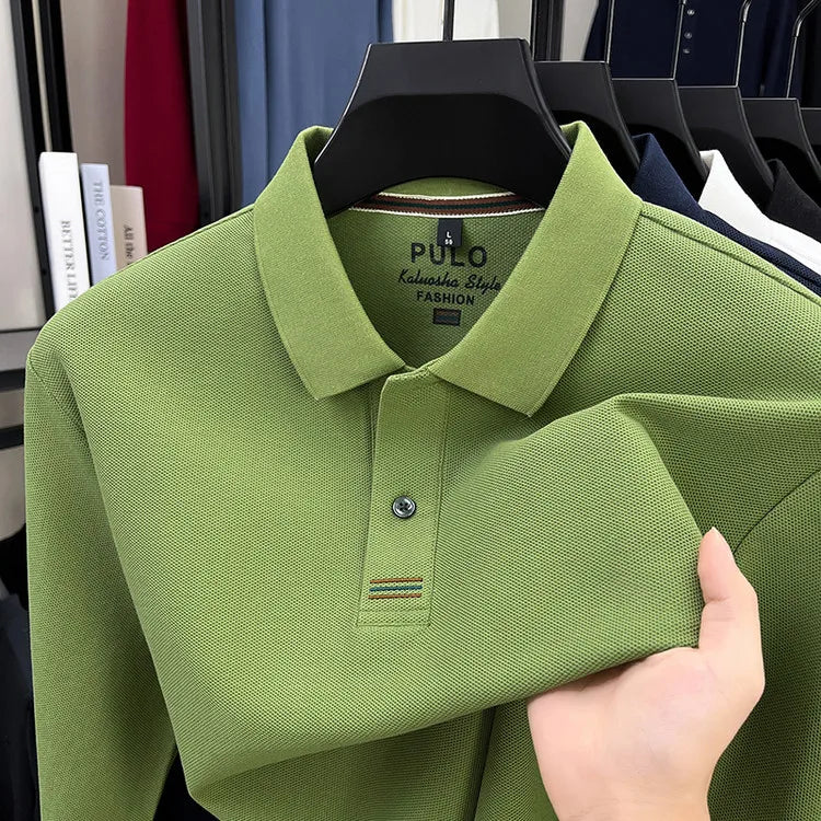 Polo de manga larga de otoño 2025 para hombre, 100% algodón transpirable, estilo informal de negocios con cuello de algodón clásico