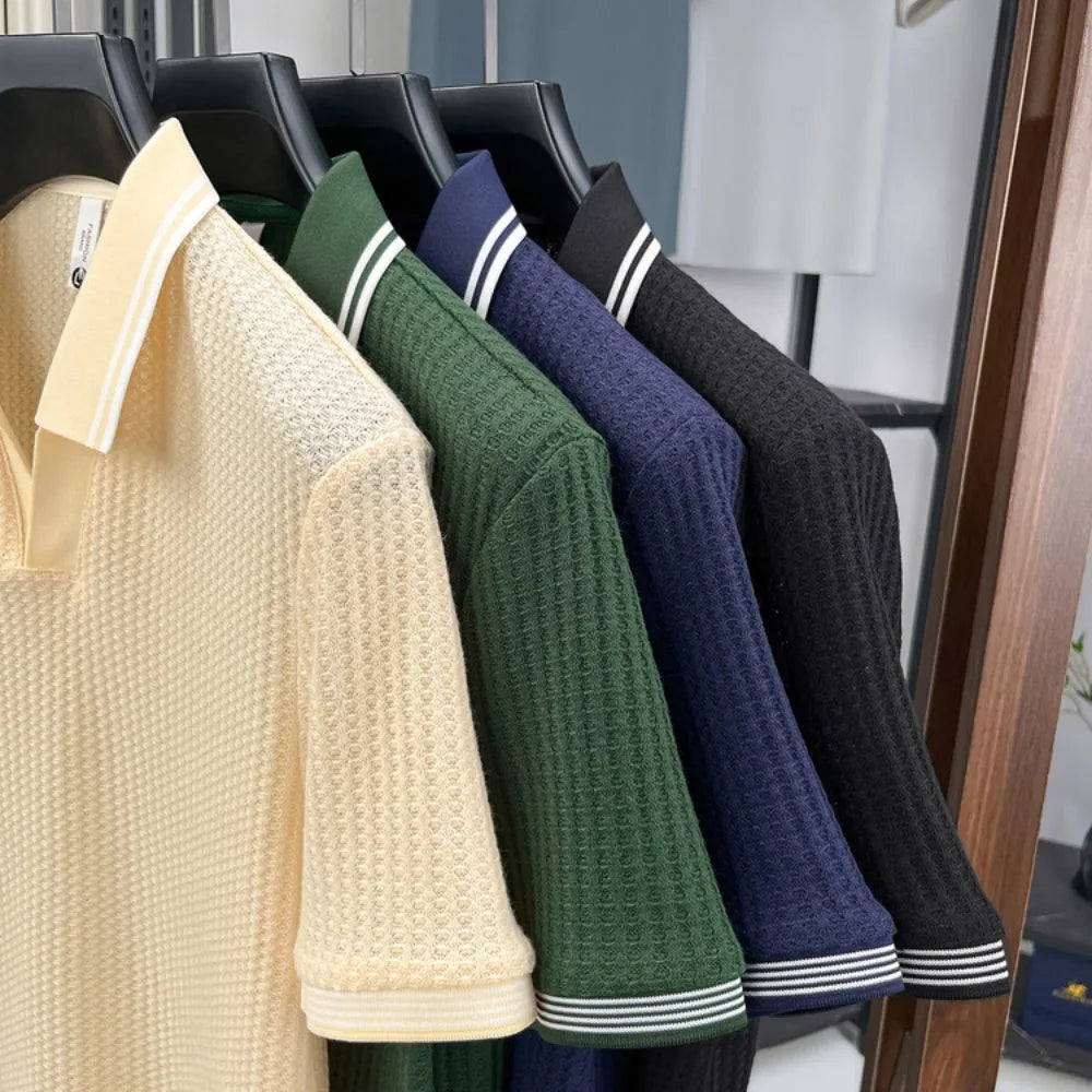 Nueva Camiseta Polo de Verano para Hombre |   Cuello en V con Rayas |   Camiseta de Manga Corta, Transpirable y Ajustada