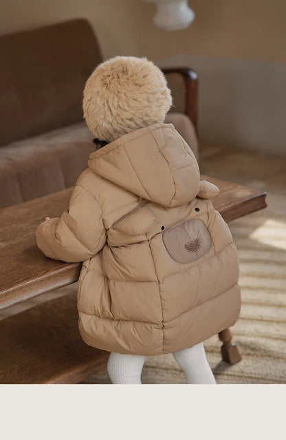 Chaqueta de algodón para bebé, nuevo estilo de invierno 2025 grueso y elegante para niña, bonito abrigo de invierno con dibujos animados para bebé femenino