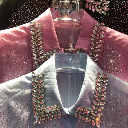 Camisas y Blusas de gran tamaño con perforación en caliente de diamante de punto exquisito de lujo para mujer 2024 Primavera Verano Tops de manga larga Blusas