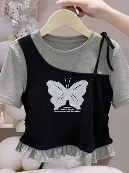 Camiseta de Manga Corta para Niñas, Algodón Puro, Dobladillo con Volantes, Estilo Corto, Verano, Casual, Ropa Infantil, Trans...