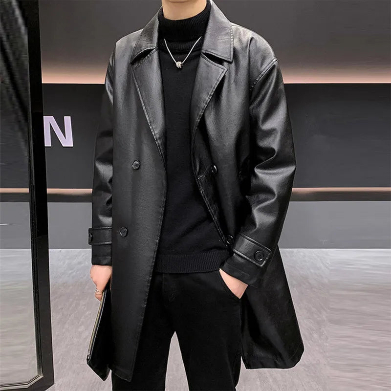 Chaquetas de cuero largas y gruesas para hombre, gabardinas de PU con cuello vuelto sólido, chaqueta de cuero informal de negocios cálida, cortavientos para hombre