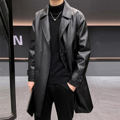 Chaquetas de cuero largas y gruesas para hombre, gabardinas de PU con cuello vuelto sólido, chaqueta de cuero informal de negocios cálida, cortavientos para hombre