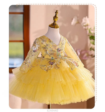 2025 Vestido de fiesta Vestido niños niñas vestidos de novia amarillos disfraz niños flor niña desfile Piano actuación tutú traje