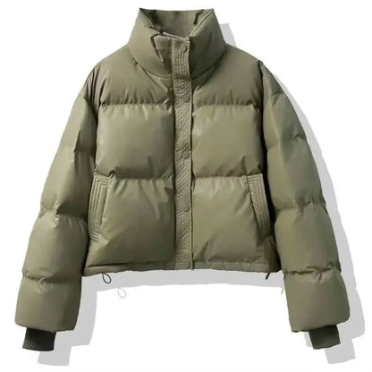 Nueva Chaqueta Corta de Mujer 2024 de Cuero PU Grueso con Relleno de Algodón, Estilo Abrigo Acolchado Cálido de Invierno, Ide...