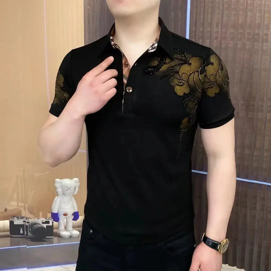 Camiseta de manga corta con estampado de diamantes de imitación de lujo para hombre, camisetas de solapa de manga corta de verano, Polos de negocios informales versátiles