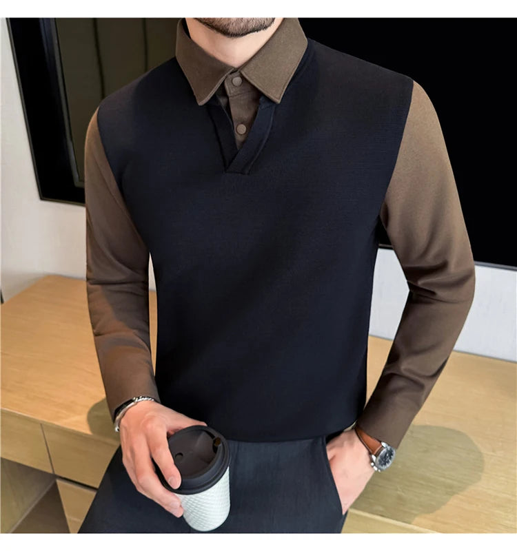 Suéter de punto de alta calidad para hombre, camisa de lana gruesa con cuello empalmado, suéteres con cuello en V, suéter de punto de dos piezas para Otoño e Invierno