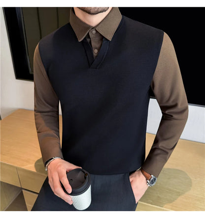 Suéter de punto de alta calidad para hombre, camisa de lana gruesa con cuello empalmado, suéteres con cuello en V, suéter de punto de dos piezas para Otoño e Invierno