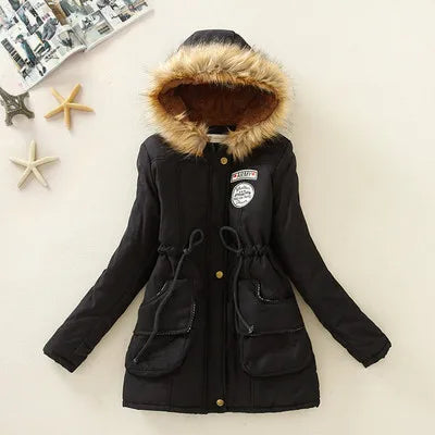 Women's Winter Long Jacket Hooded Overcoat Warm Fluffy Coats Zipper Closure Cotton Thickened Regular Length Coat