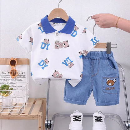 Ropa de dibujos animados para bebé, Camiseta con estampado de oso, pantalones cortos, 2 uds./Set