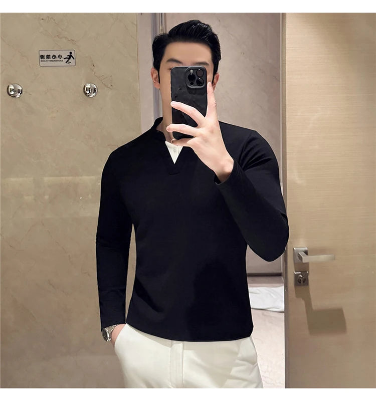 Camiseta elástica falsa de 2 piezas con empalme a la moda coreana, camiseta básica de manga larga con cuello en V ajustada para hombre, camisetas versátiles de Color sólido