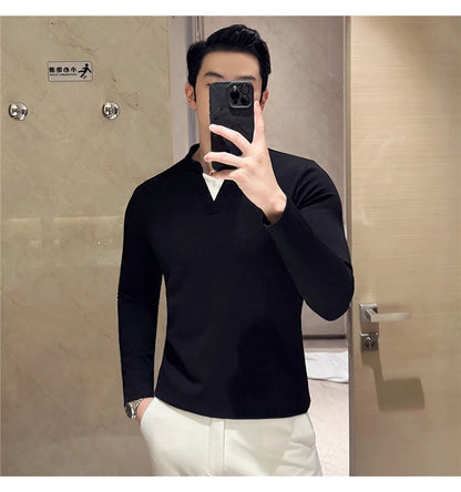 Camiseta elástica falsa de 2 piezas con empalme a la moda coreana, camiseta básica de manga larga con cuello en V ajustada para hombre, camisetas versátiles de Color sólido