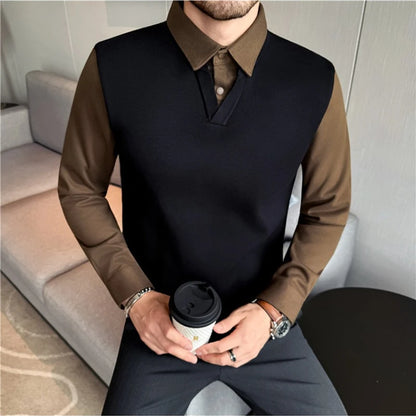 Suéter de punto de alta calidad para hombre, camisa de lana gruesa con cuello empalmado, suéteres con cuello en V, suéter de punto de dos piezas para Otoño e Invierno