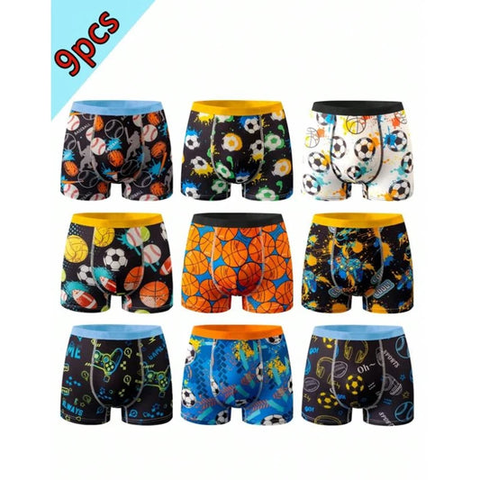 Ropa interior deportiva de punto para adolescentes, pantalones cortos de ángulo plano de tela cómoda y agradable para la piel con estampado único, 9 Uds.