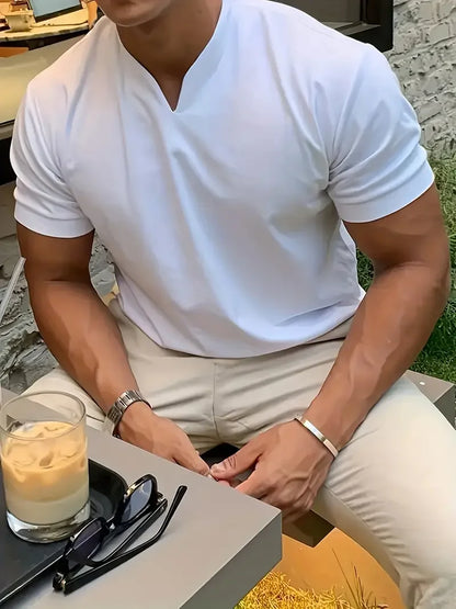 Camiseta con cuello en V con estampado personalizado DIY, camiseta de manga corta a la moda para hombre, top streetwear informal elegante y elegante, uso diario.