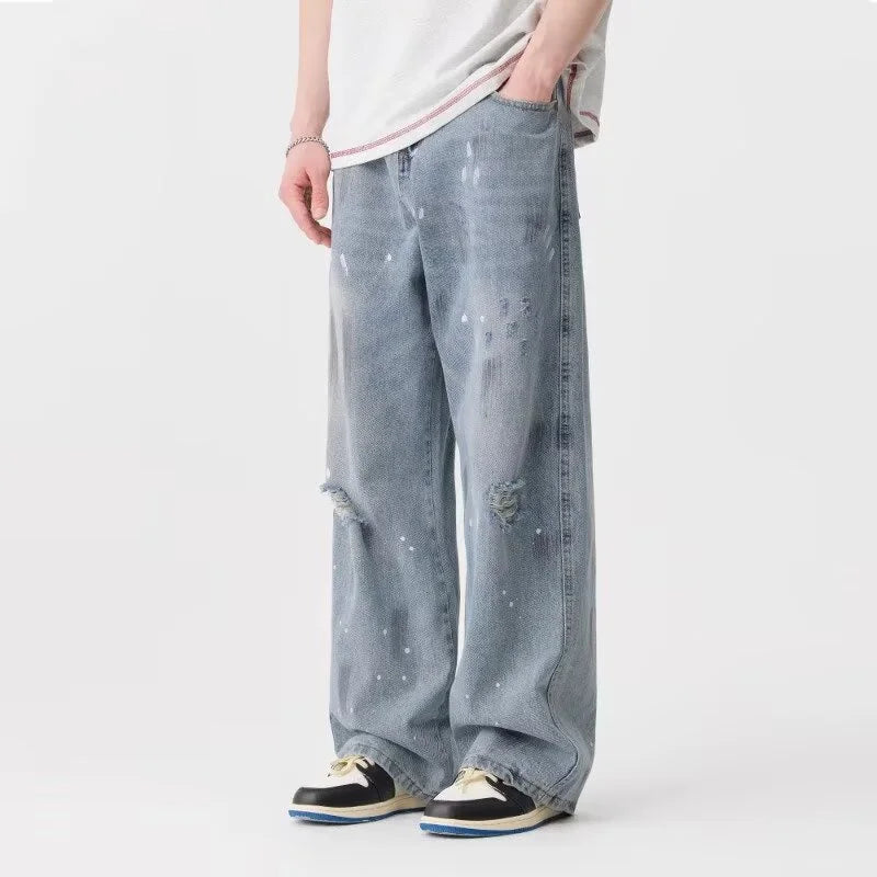 Pantalones vaqueros de pierna recta holgados rasgados de otoño para hombre, moda Hip Hop, pantalones vaqueros con estampado de grafiti, ropa de calle informal Y2K, pantalones vaqueros