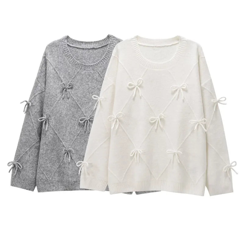 Suéteres acogedores Prairie Chic, jerseys con lazo liso, jerséis de punto de manga larga, Top Vintage Y2k, suéter de otoño para mujer