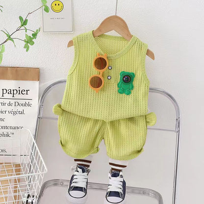 Ropa de oso para niños y niñas, chaleco de cuello redondo, pantalones cortos, chándales de dibujos animados para niños pequeños, moda de verano, nuevo conjunto de 2 piezas
