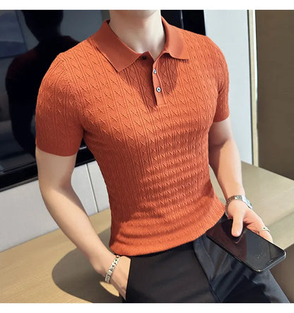 Polo de manga corta de punto Jacquard para hombre, camiseta de Golf con solapa de moda, ajustada, nueva