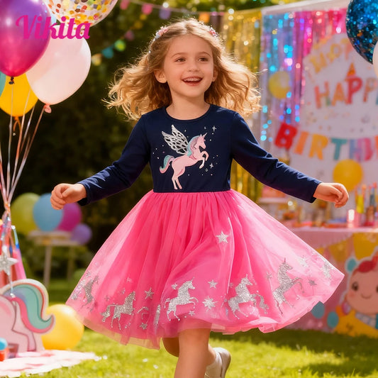 VIKITA-vestido de manga larga para niñas, azul marino, rosa, estampado de unicornio brillante, malla de tul, fiesta de fantasía, vestido elegante informal de princesa