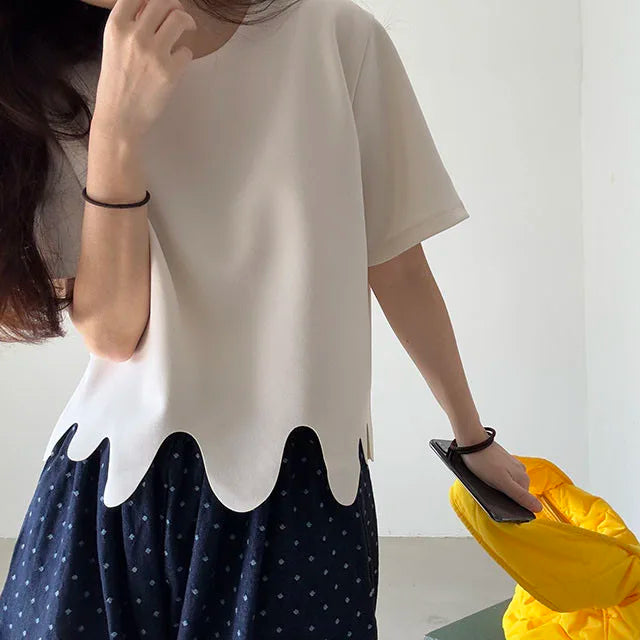 Camisetas de verano de moda coreana, camiseta informal de manga corta con cuello redondo y patrón de onda Irregular, camisetas simples