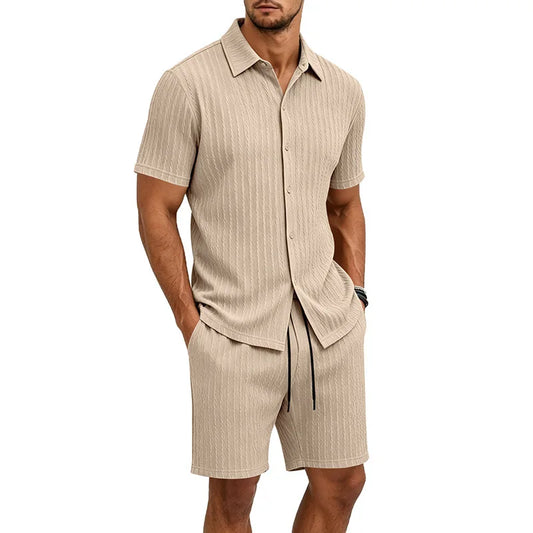 Conjunto de Camisa de Manga Corta con Cuello y Pantalones Cortos Holgados de Jacquard para Hombre, Estilo Casual de Verano - BK-07 + BK-05