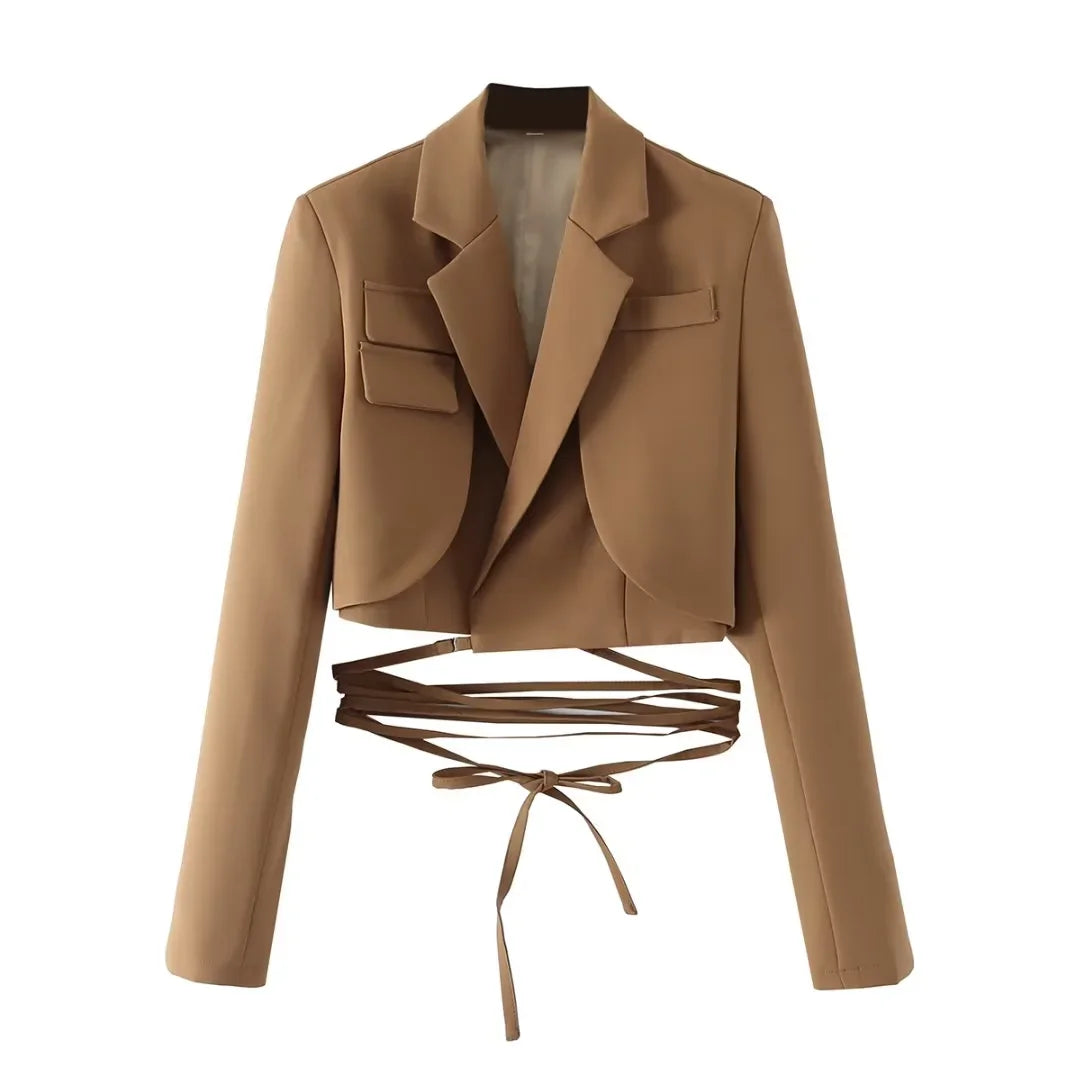 Early Autumn Women's Cross-Belted Slim Fit Short Suit Jacket Fashionable Business Casual Style Long Sleeve Commute Friendly
