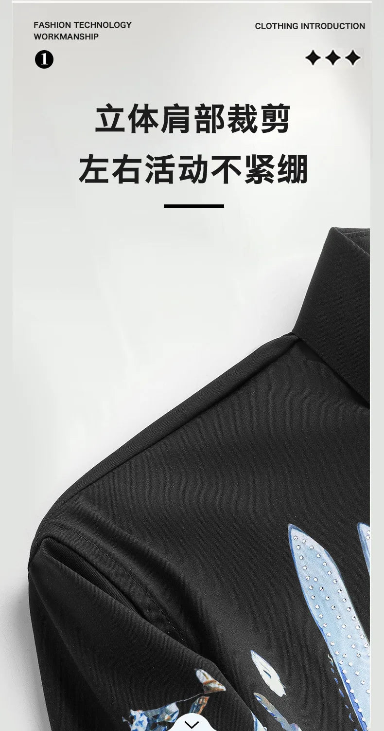 Camisa de lujo con estampado 3D de diamantes de imitación para hombre, camisas informales de manga larga para otoño e invierno, trajes de espectáculo escénico para fiesta de banquete Social