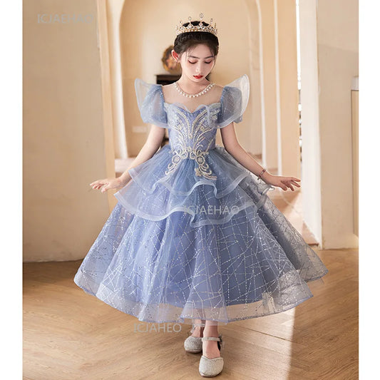 Vestido de boda 2024, fiesta de cumpleaños azul para niñas, vestidos elegantes de princesa, disfraz a juego para niños, traje de actuación de Piano