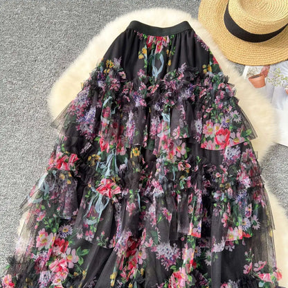 Falda Midi de Malla con Estampado Floral de Cintura Alta Estilo Coreano para Mujer, Falda Hada Abullonada de Fibra de Poliést...