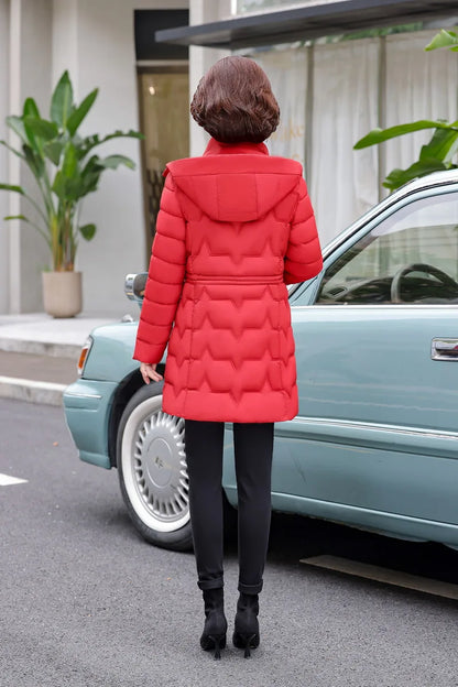Chaqueta Larga de Algodón Grueso para Mujer, Acolchada, Ajustada, con Cintura Ajustable, Manga Larga, Cierre de Cremallera