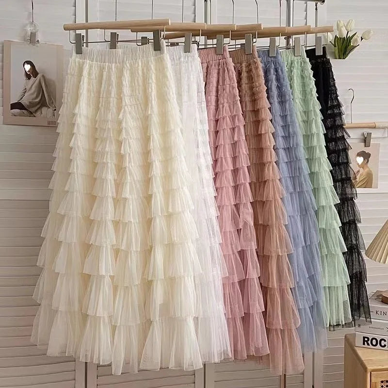 Falda larga de tul de talla grande para mujer, cintura alta, estilo A, con capas, elegante, para 200 libras, estilo coreano, ...