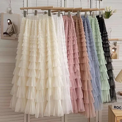 Falda larga de tul de talla grande para mujer, cintura alta, estilo A, con capas, elegante, para 200 libras, estilo coreano, ...