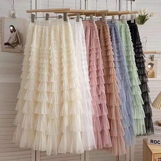 Falda larga de tul de talla grande para mujer, cintura alta, estilo A, con capas, elegante, para 200 libras, estilo coreano, ...
